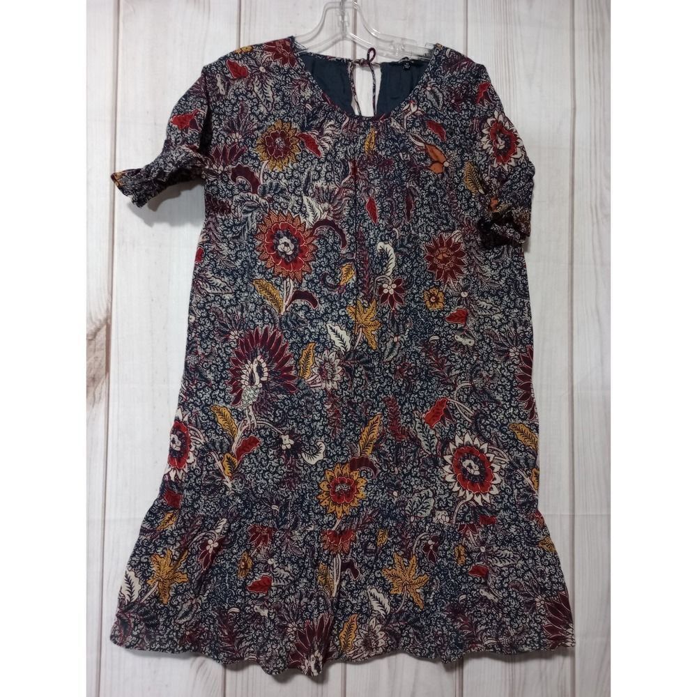 Madewell Navy Blue Floral Batik Ruffle Hem Tassel Keyhole Shift‎ Dress XS